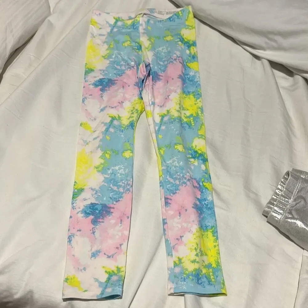 Wonder Nation 7/8 legging bundle silver metallic and yellow blue tie dye euc